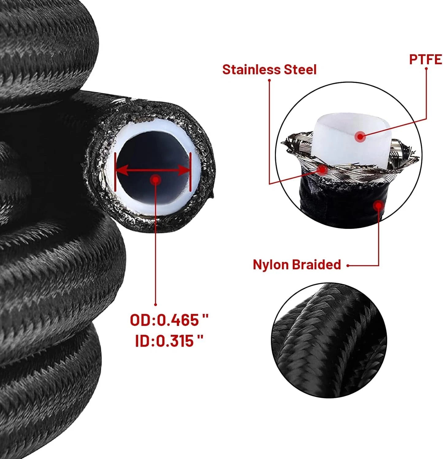 10AN E85 Nylon Braided PTFE Fuel Line Kit for Fuel Lines (10-20 ft)