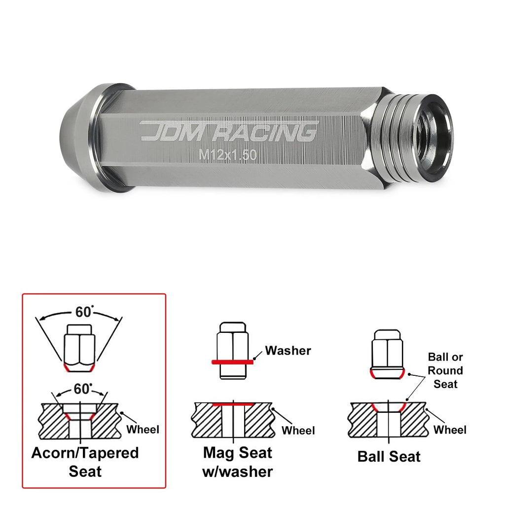 Set of 20 JDM M12X1.5 25mm OD 90mm Tall Gun Metal Open-End Lug Nuts + Key