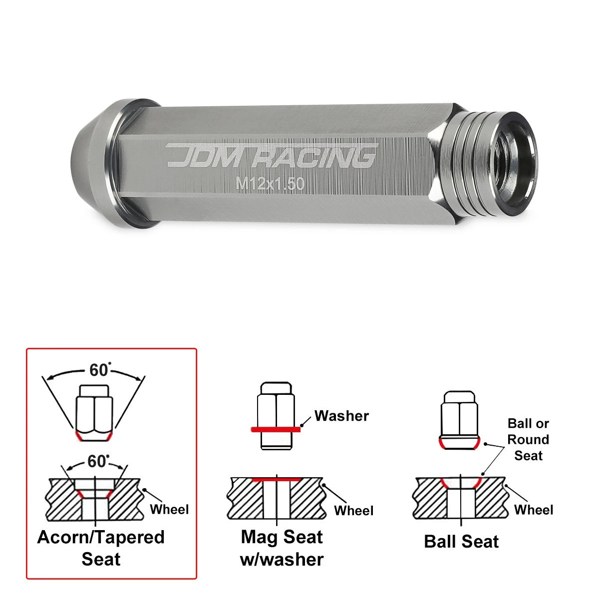 Set of 20 JDM M12X1.5 25mm OD 90mm Tall Gun Metal Open-End Lug Nuts + Key