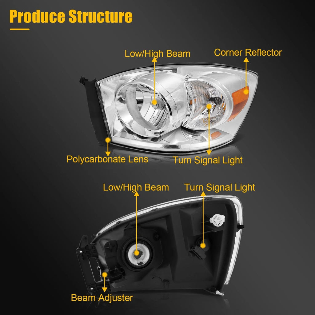 Pair of Chrome Headlights for Dodge Ram 1500 2500 3500 (2006–2009)