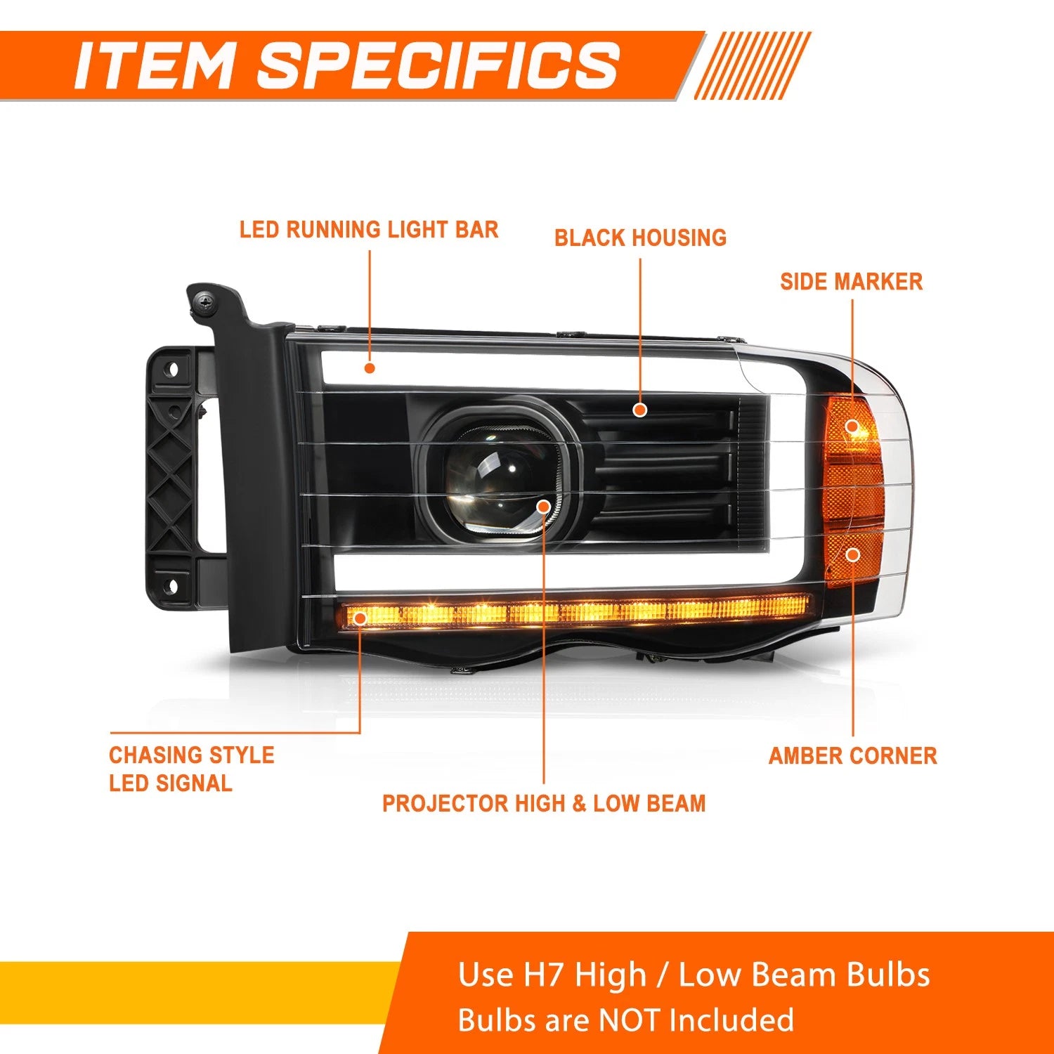 LED DRL Bar Projector Headlights for Dodge Ram 1500-3500 (2002–2005)
