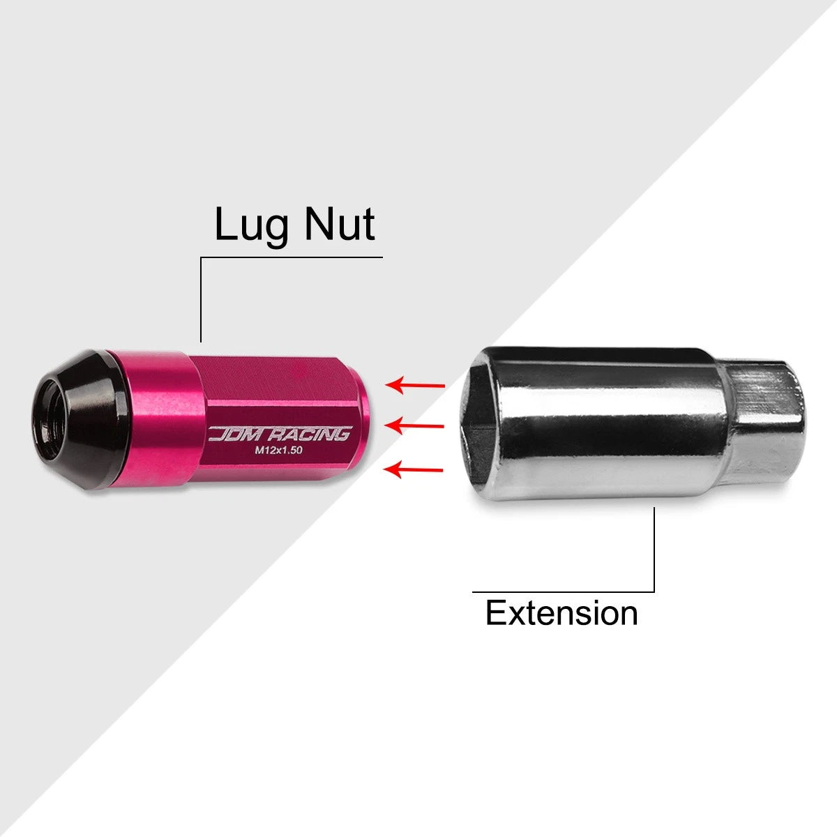 Set of 20 M12X1.5 Pink JDM Cone Seat Hex Wheel Lug Nuts with Cap & Extension