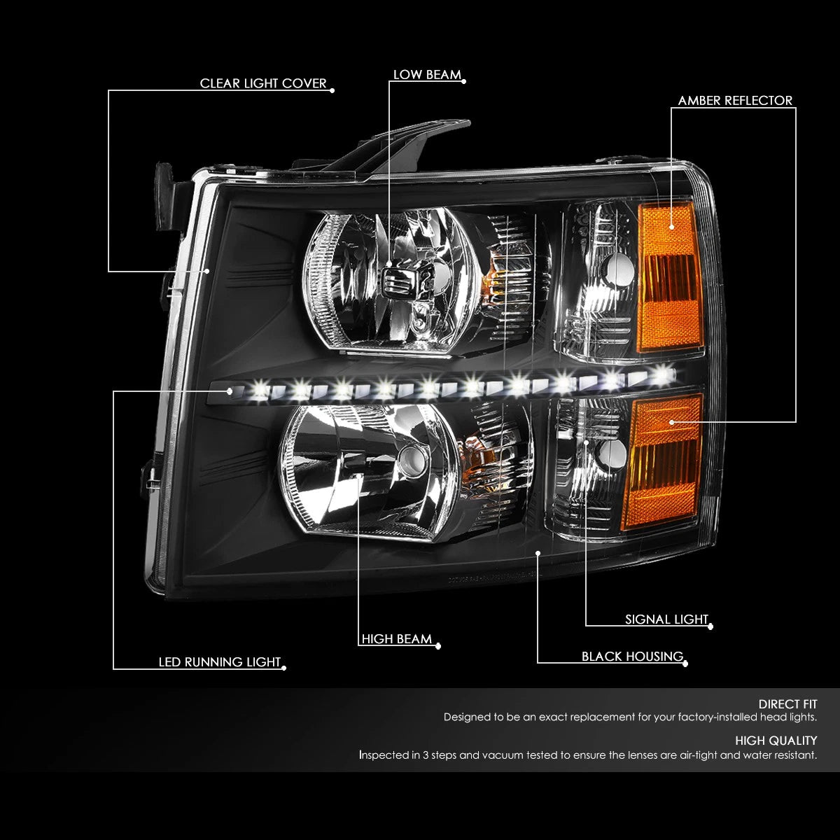 LED DRL Bar Black Amber Side Headlights for Chevy Silverado (2007–2014)