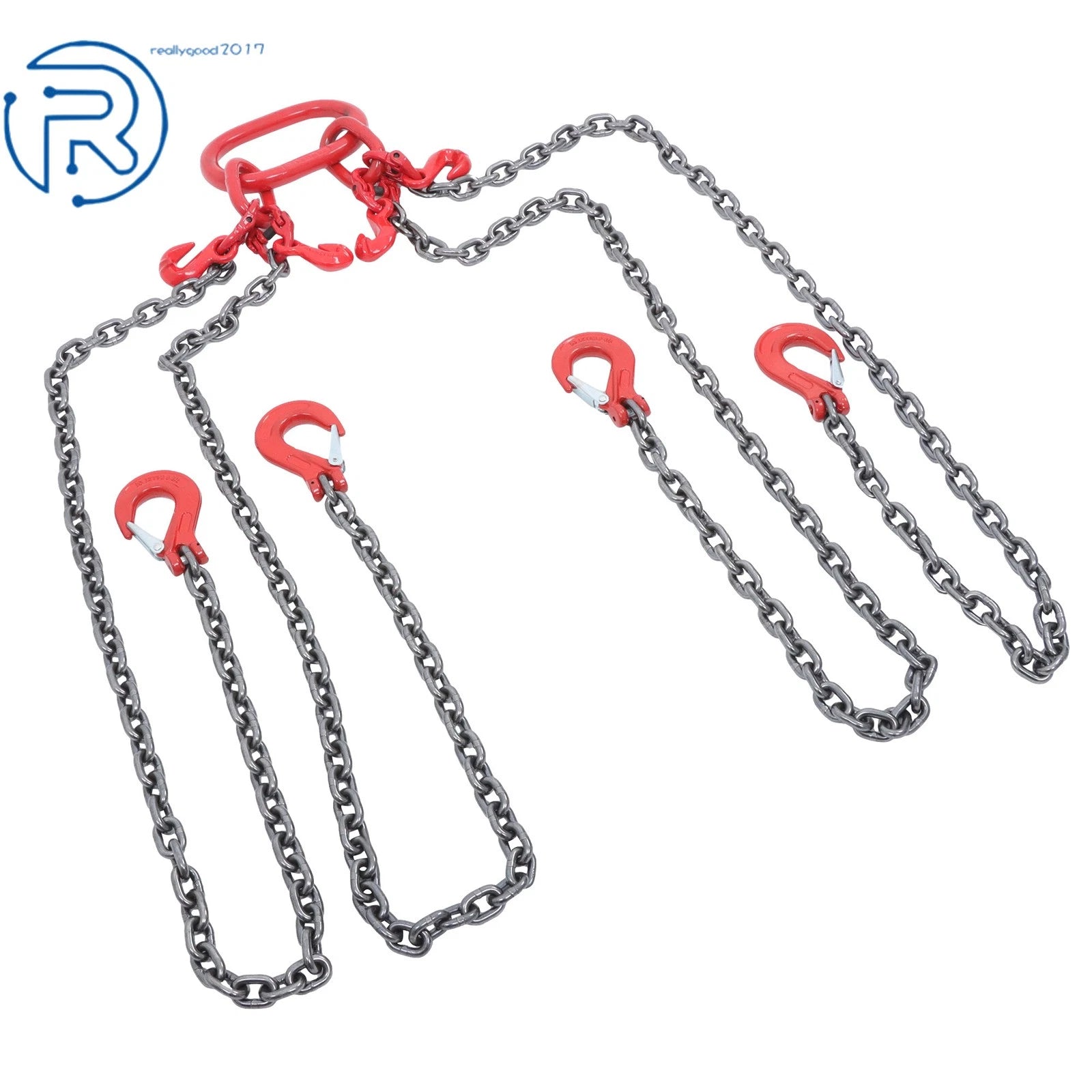 5/16" × 5' G80 Chain Sling 4 Legs 11000 lbs with Grab Hooks Red