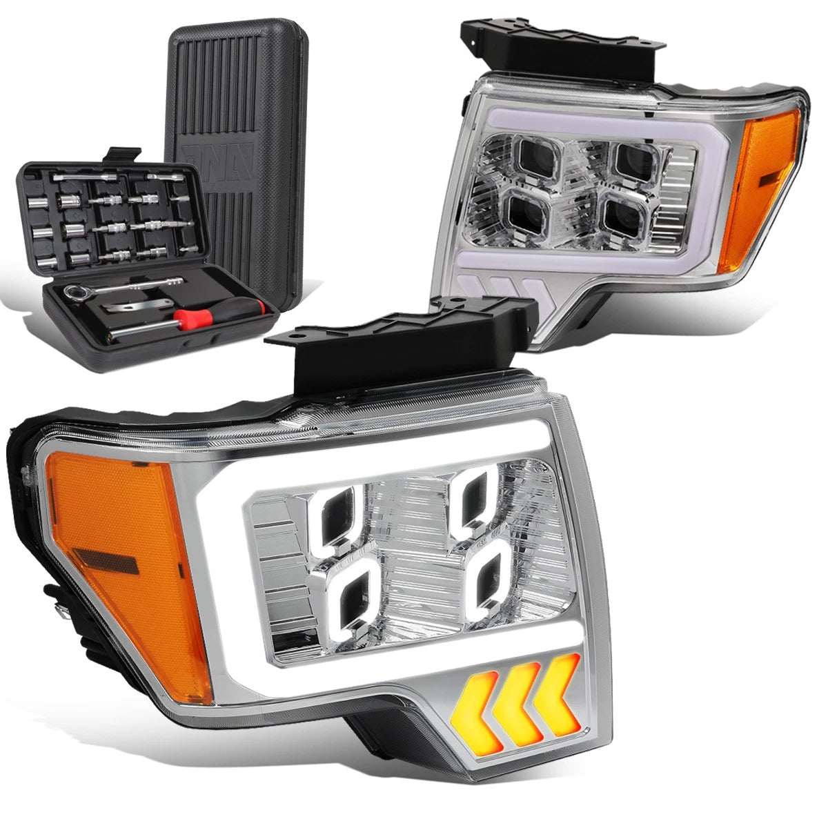 LED DRL Halo Chrome Amber Projector Headlights for Ford F-150 (2009–2014)