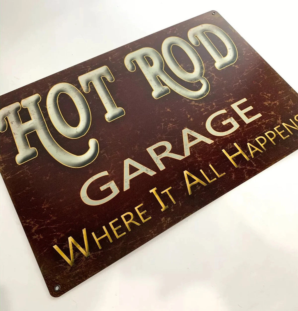 Vintage Metal Garage Sign 18x12 Hot Rod for Large Wall Decor (1950–1990)