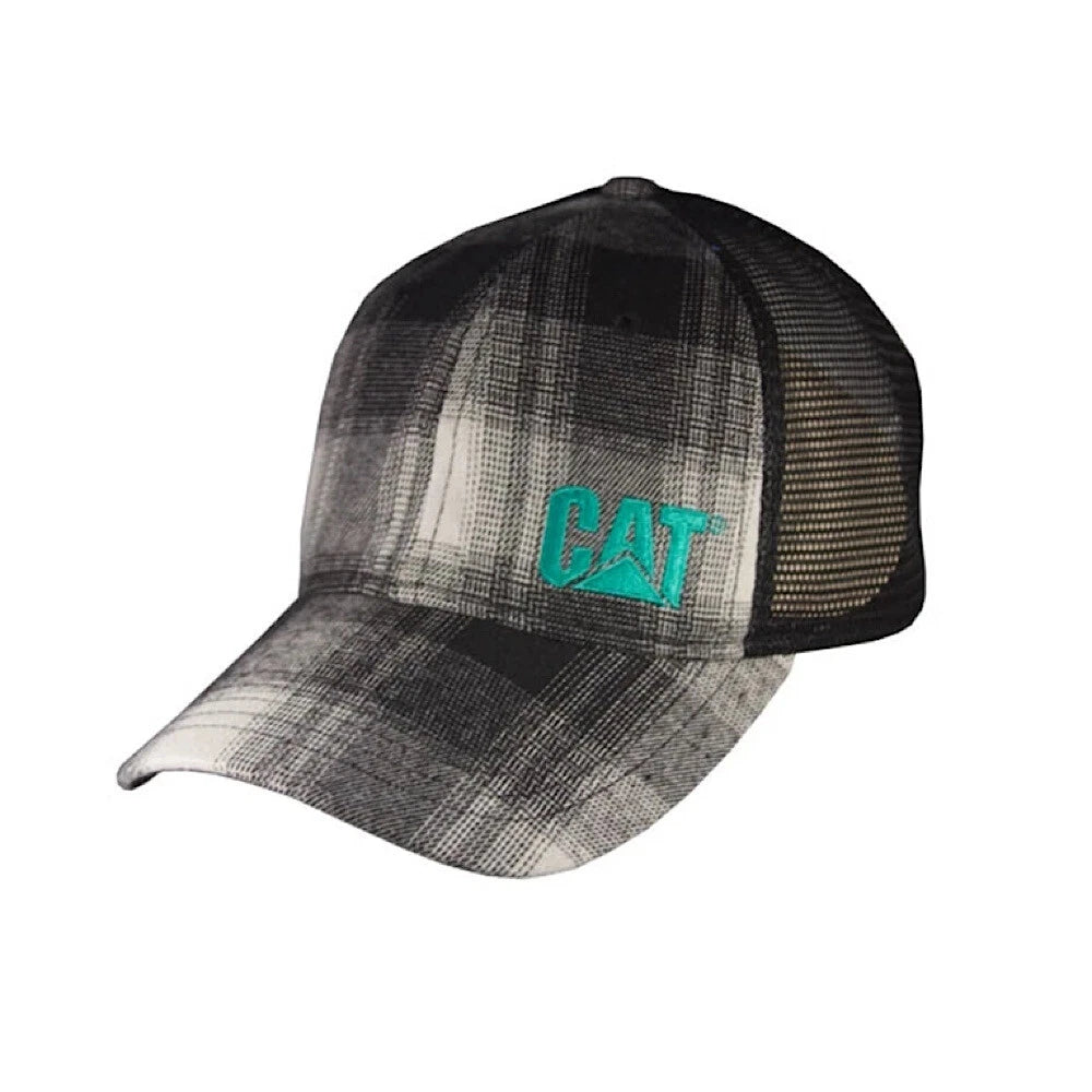 Caterpillar Black Buffalo Plaid Flannel Hat with Mesh Teal Logo Cap