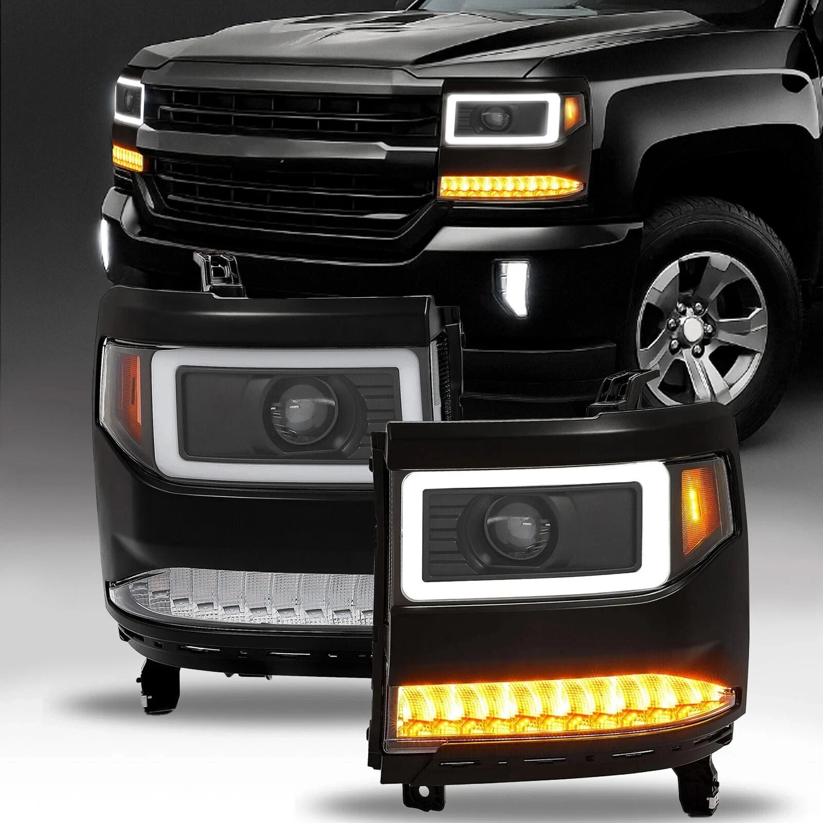Projector HID/Xenon Headlight Pair with LED DRL for Chevy Silverado 1500 (2016–2019)