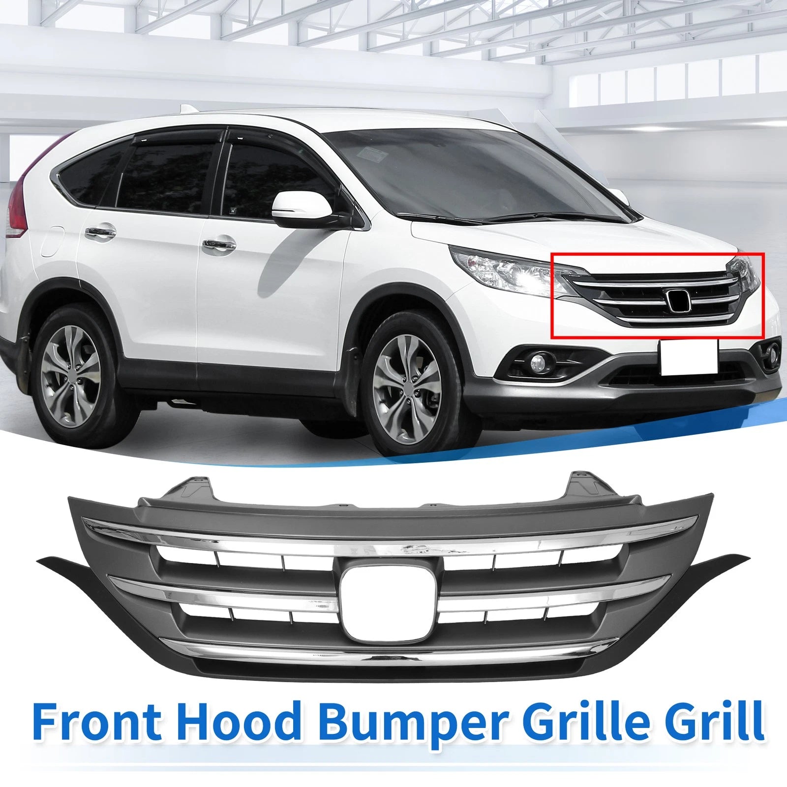 Front Upper Bumper Grille for Honda CR-V (2012–2014) Chrome Silver Tone