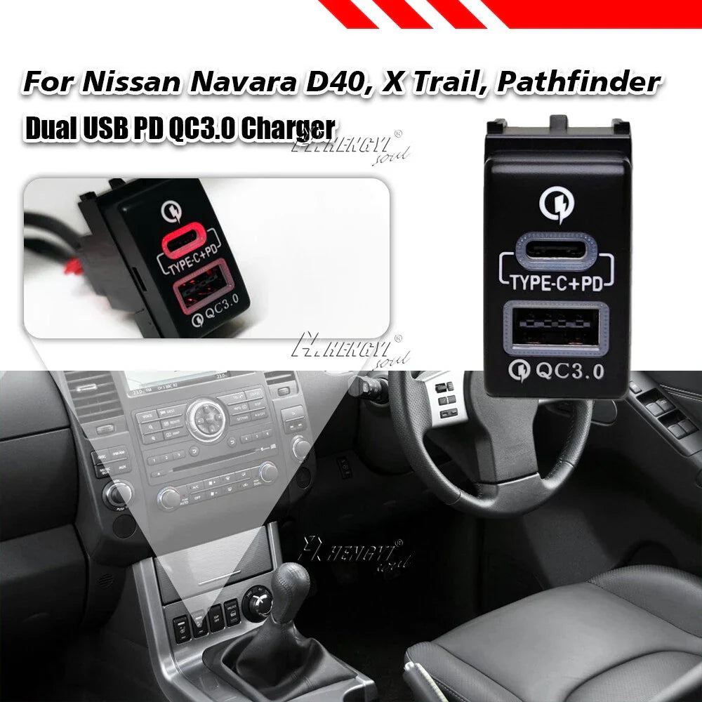 USB QC3.0 Charger PD for Nissan Altima Sentra X-trail Pathfinder Frontier Rogue