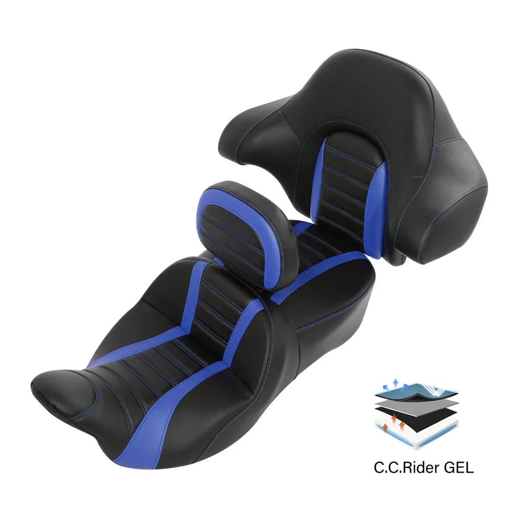 Black Blue Driver Passenger Gel Seat Backrests for Harley Street Glide (14-23)