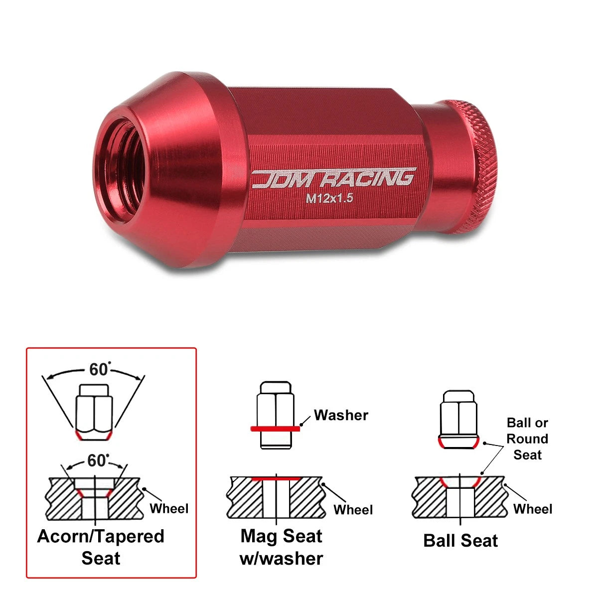 Set of 20 M12X1.5 Red JDM Open-End Acorn Hex Wheel Lug Nuts + 25mm Extension