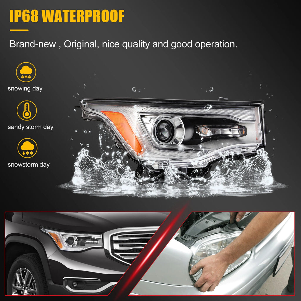 Right Passenger Side Headlight Assembly for GMC Acadia (2017–2019) LED DRL