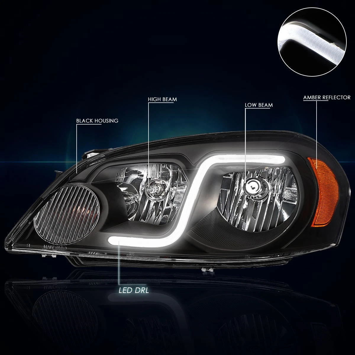 Headlight with LED DRL for Chevy Impala (2006–2016) Black Housing Amber Corner