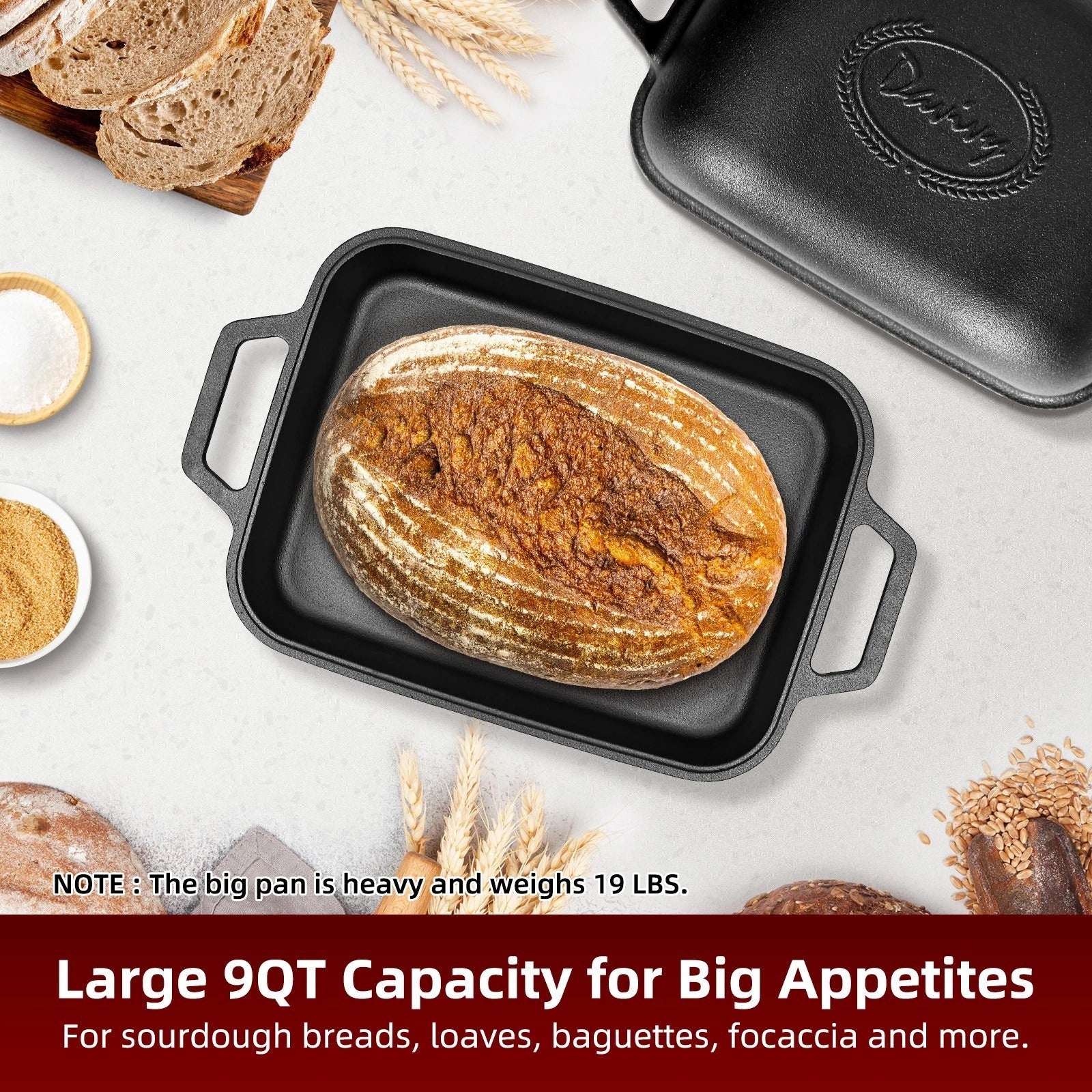 9Qt Cast Iron Dutch Oven with Lid for Bread Baking