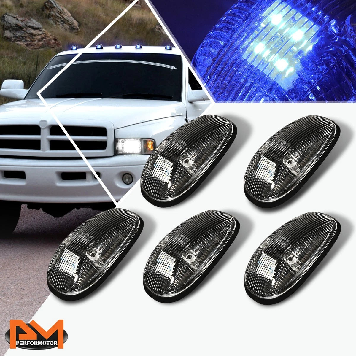 5Pcs Cab Roof Running Light Black Housing Blue LED for Dodge Ram (1999–2001)