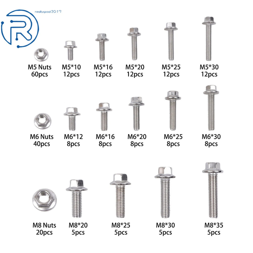 Flanged Bolts and Nuts Kit for Most Common Sizes (M5, M6, M8)