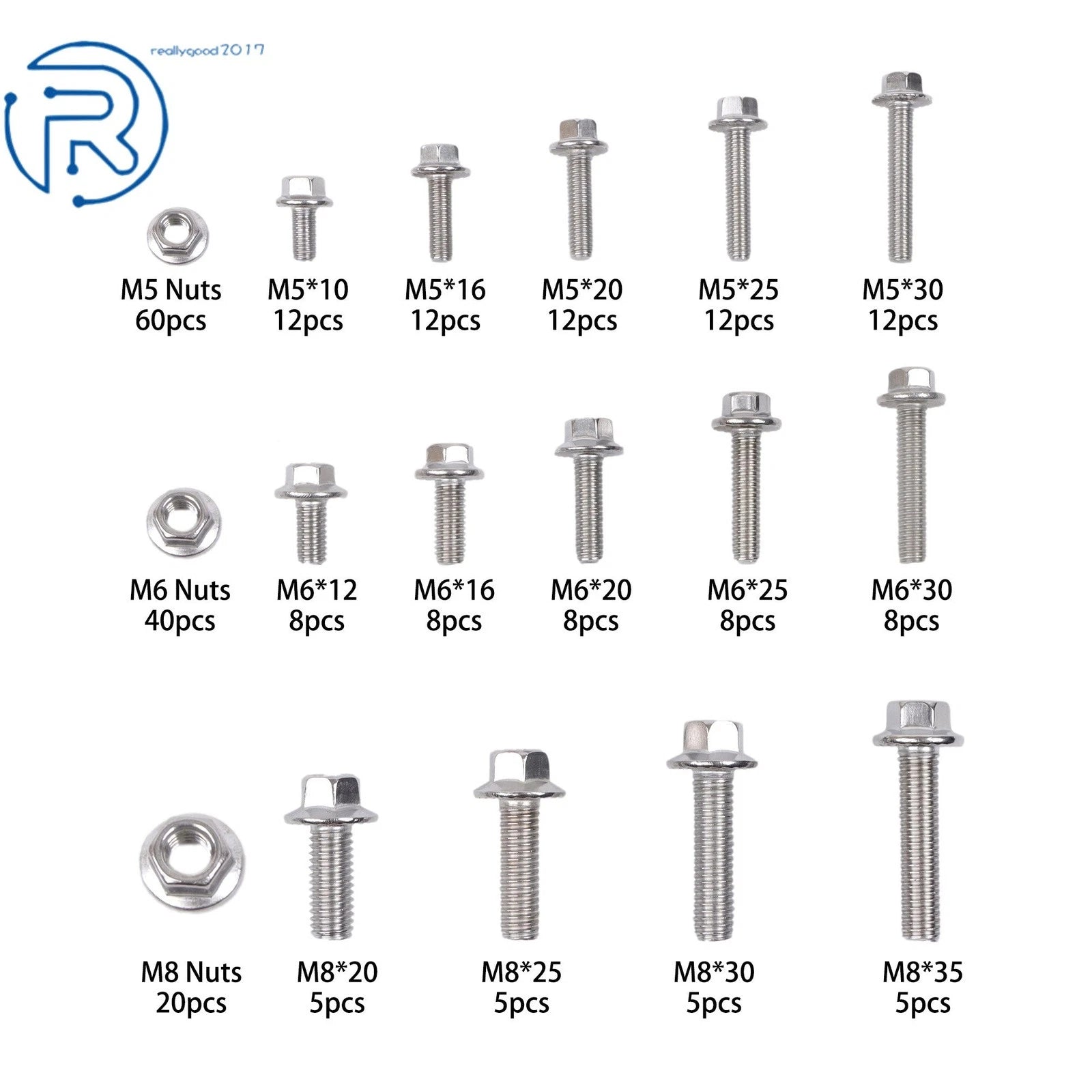 Flanged Bolts and Nuts Kit for Most Common Sizes (M5, M6, M8)