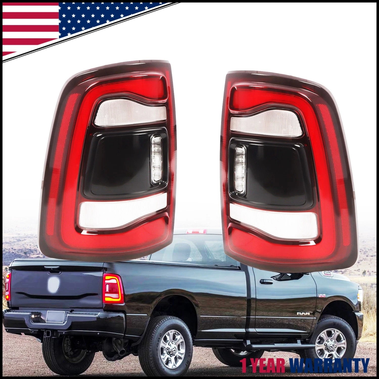 Pair LED Tail Lights for Dodge RAM 2500 3500 (2019–2024) - Black Bezel