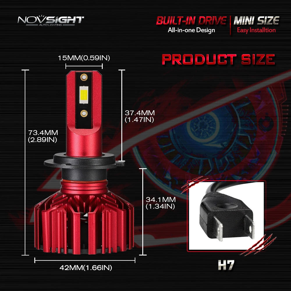 2X H7 LED Headlight Bulbs for NOVSIGHT (15000LM, 6000K, 200% Bright)