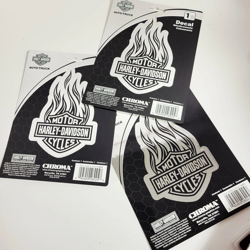 Set of 3 Chrome Bar & Shield Logo Flames Decals for Harley-Davidson (4x6 in)