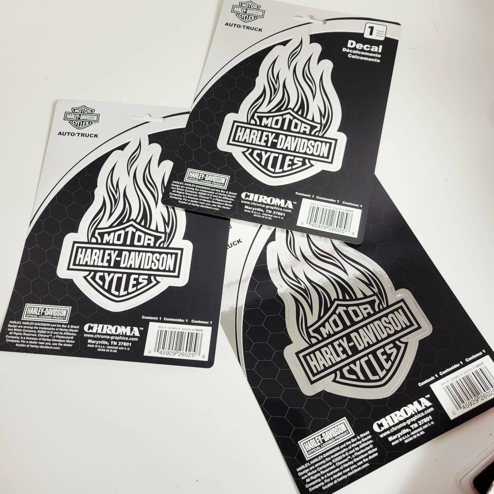 Set of 3 Chrome Bar & Shield Logo Flames Decals for Harley-Davidson (4x6 in)