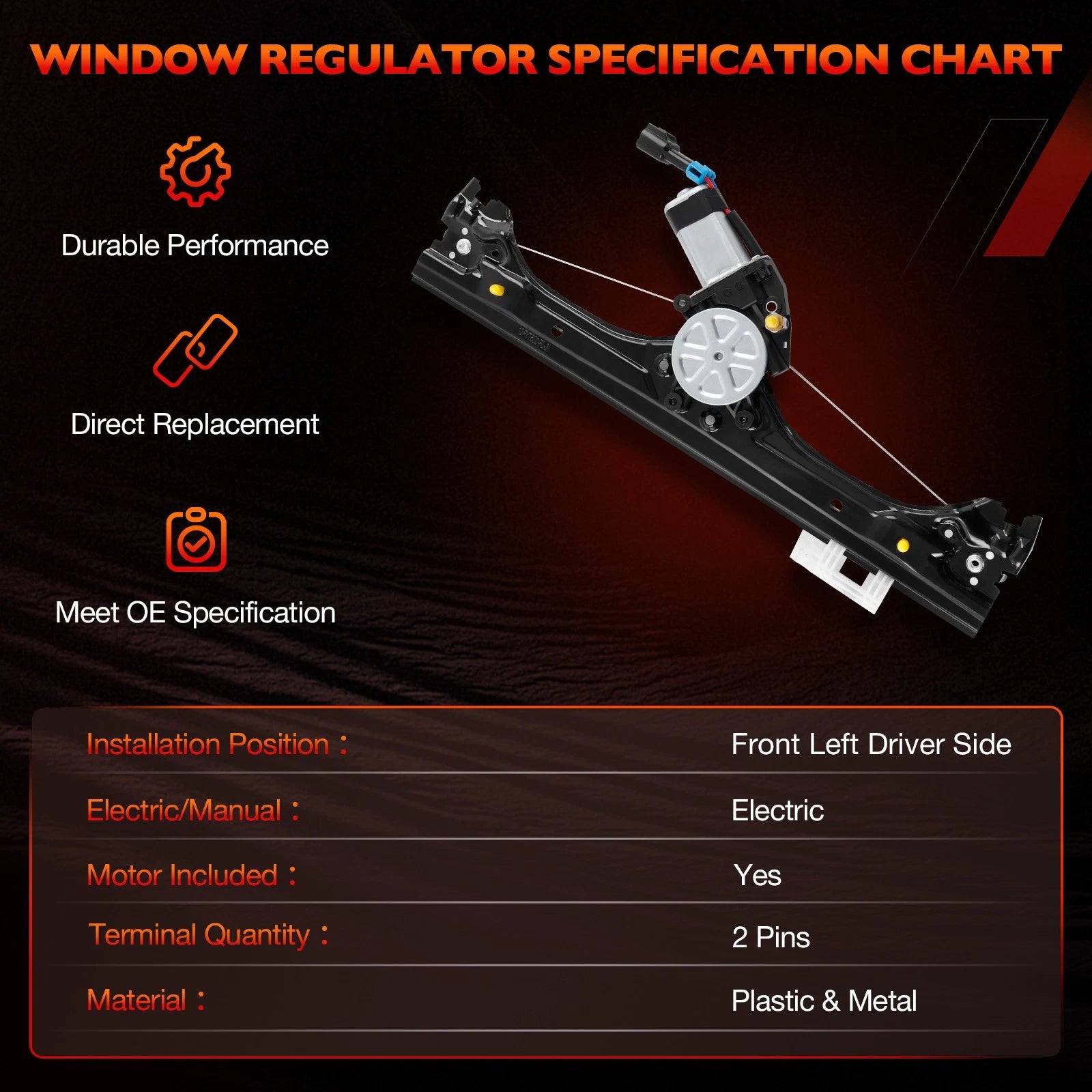 Front Left Power Window Regulator w/ Motor Assy for Fiat 500 (2012–2019) 751-648