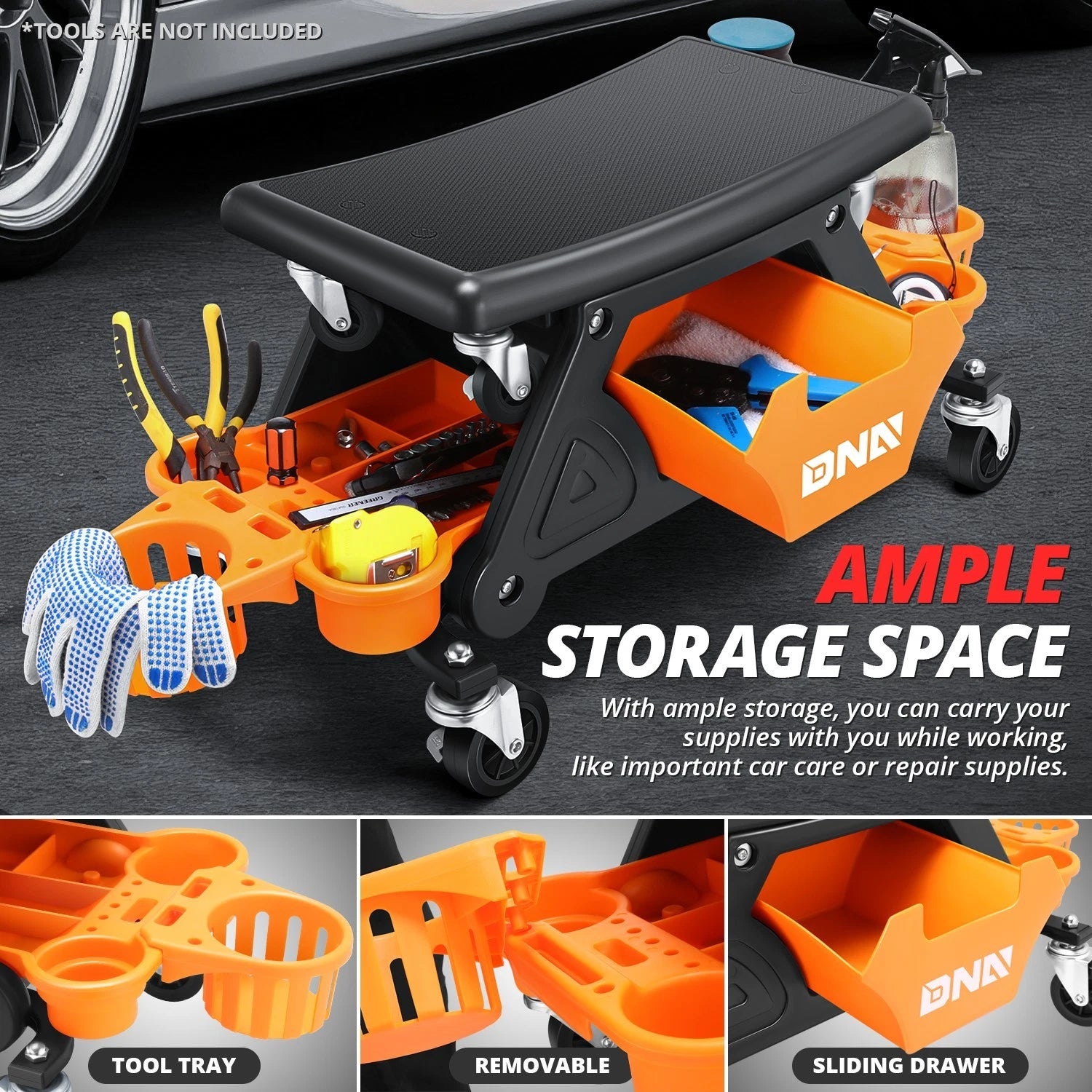 Rolling Mechanic Stool with Tool Tray for Automotive Work (25.5" x 13" x 12")