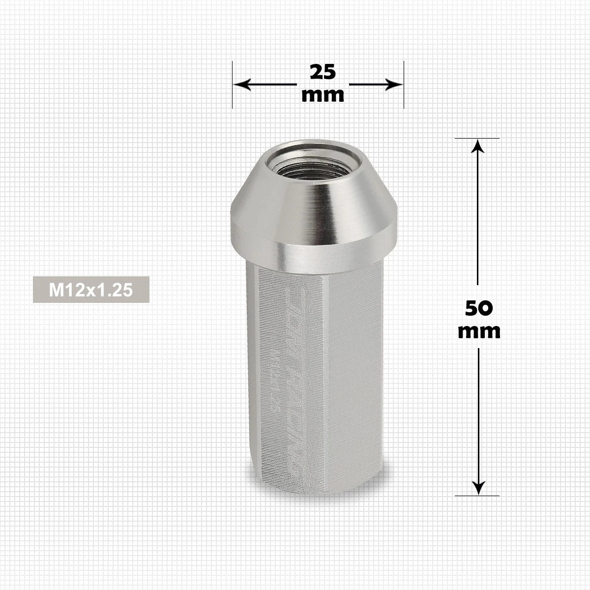 20Pc M12X1.25 Silver JDM Closed End Cone Hex Wheel Lug Nuts + Extension 25mmx50mm