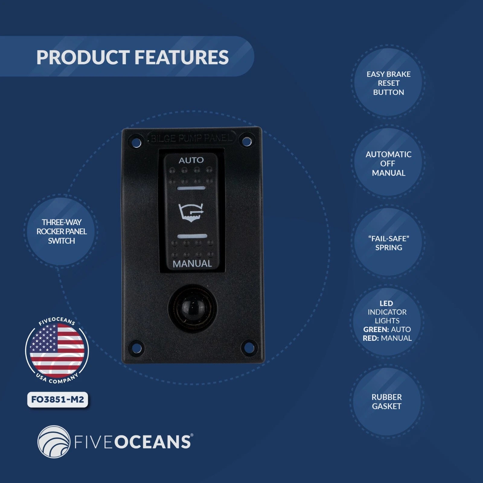 2X Bilge Pump Switch 3-Way Rocker for Five Oceans (12V)