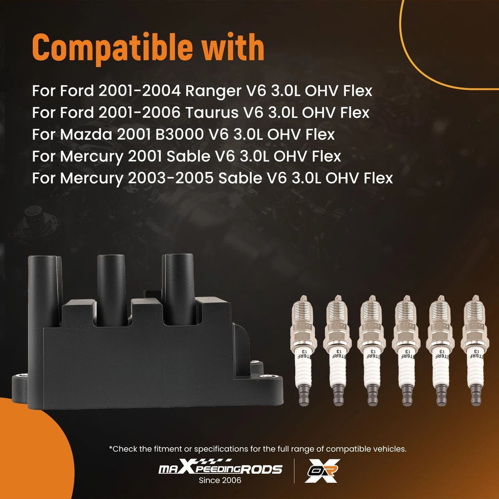 Ignition Coils & 6 Spark Plugs for Ford Ranger Mercury Sable (2001–2006) 61000150
