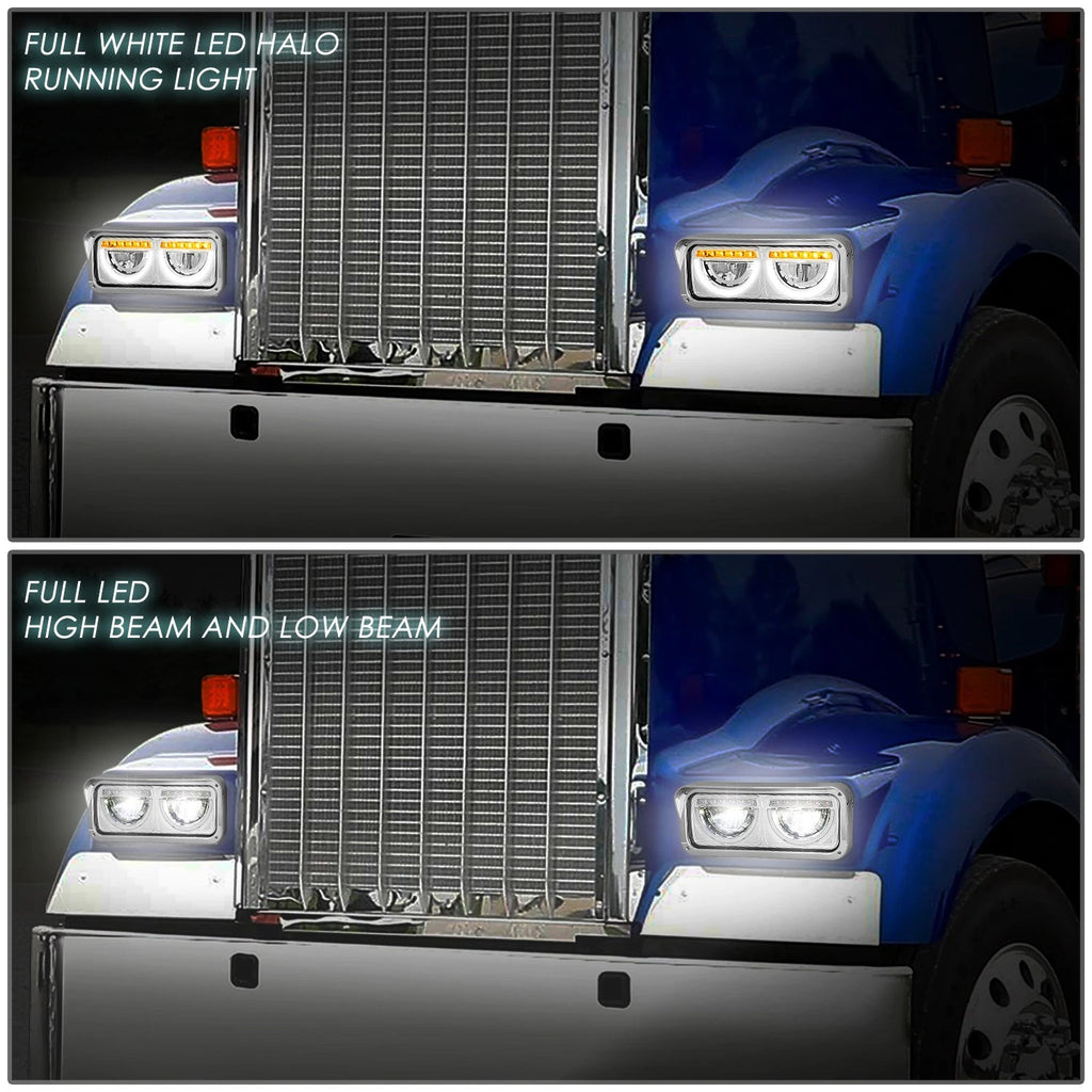 Chrome Full LED Halo Ring DRL Signal Headlights for Freightliner Kenworth (1981–2019)
