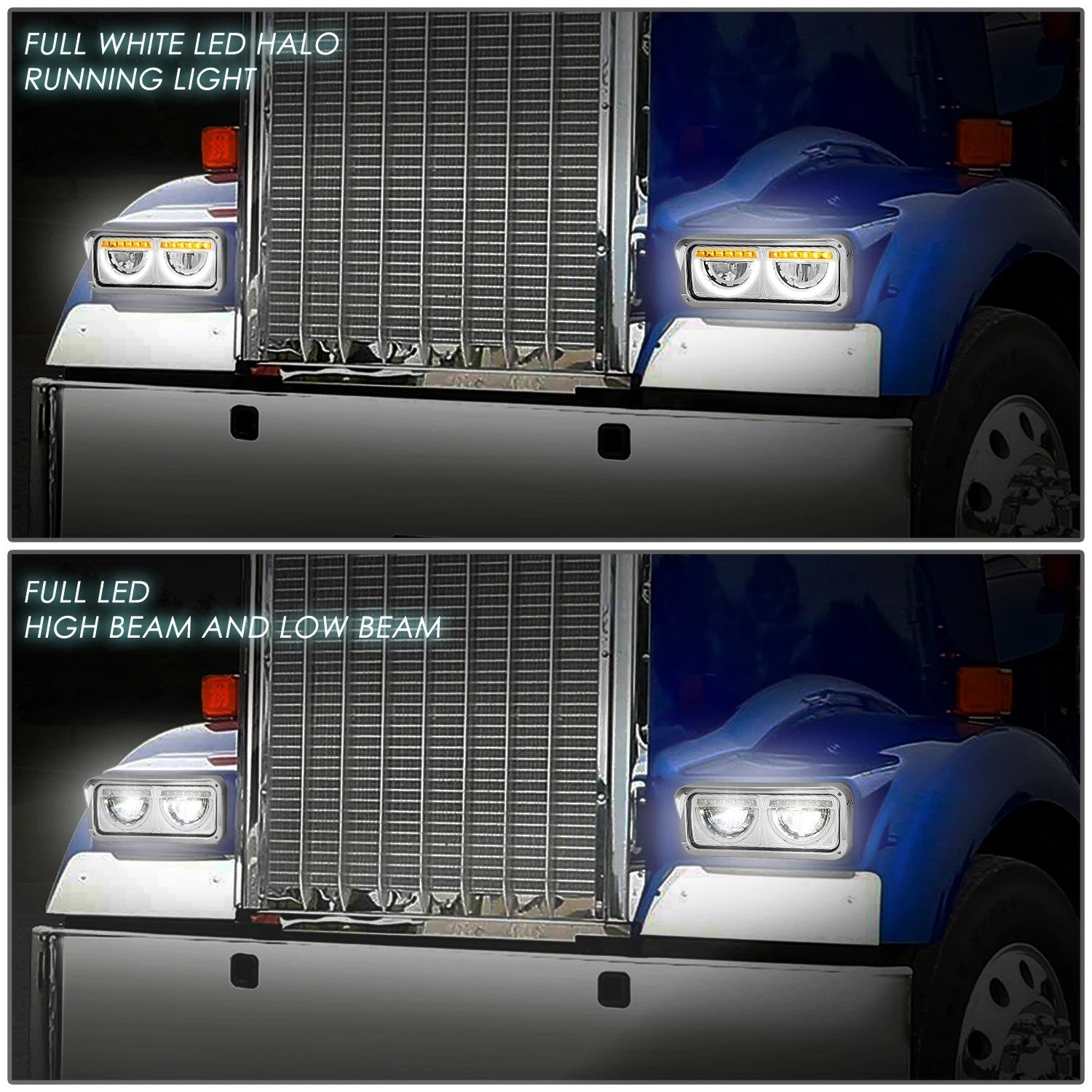 Chrome Full LED Halo Ring DRL Signal Headlights for Freightliner Kenworth (1981–2019)