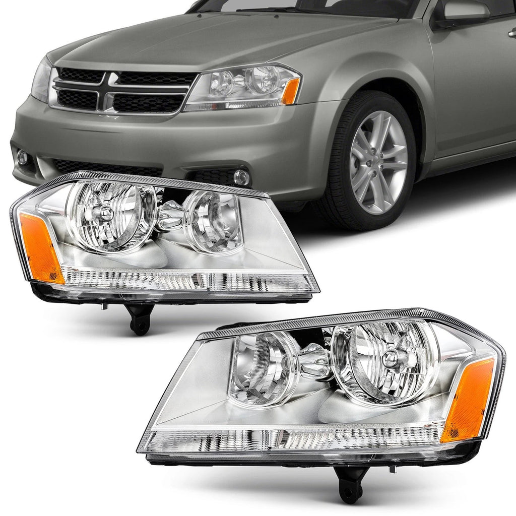Set of 2 Chrome Amber Halogen Headlights Assembly for Dodge Avenger (2008–2014)