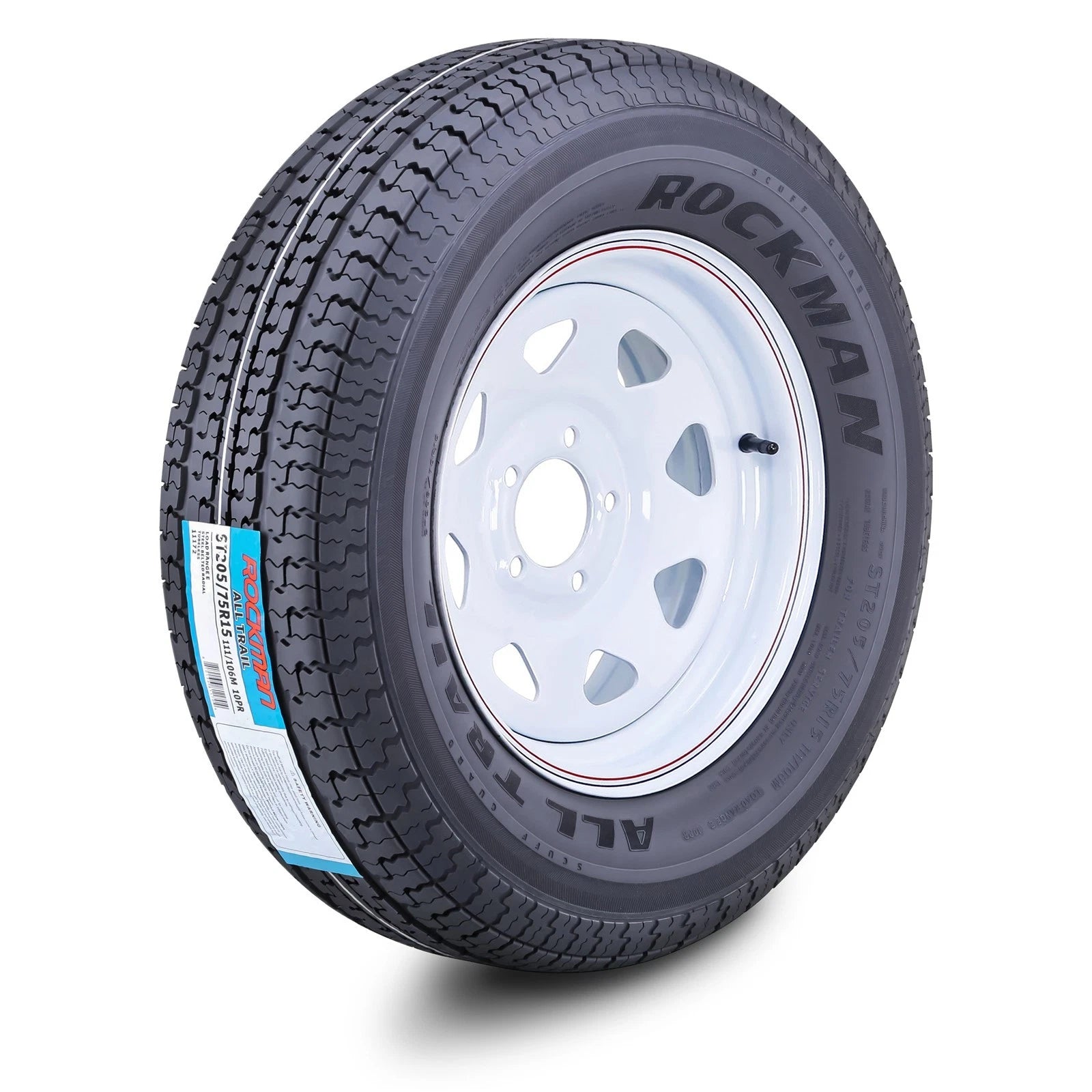 ROCKMAN ST205/75R15 10-Ply Trailer Tire & 5x4.5 White Spoke Rim (E HD)
