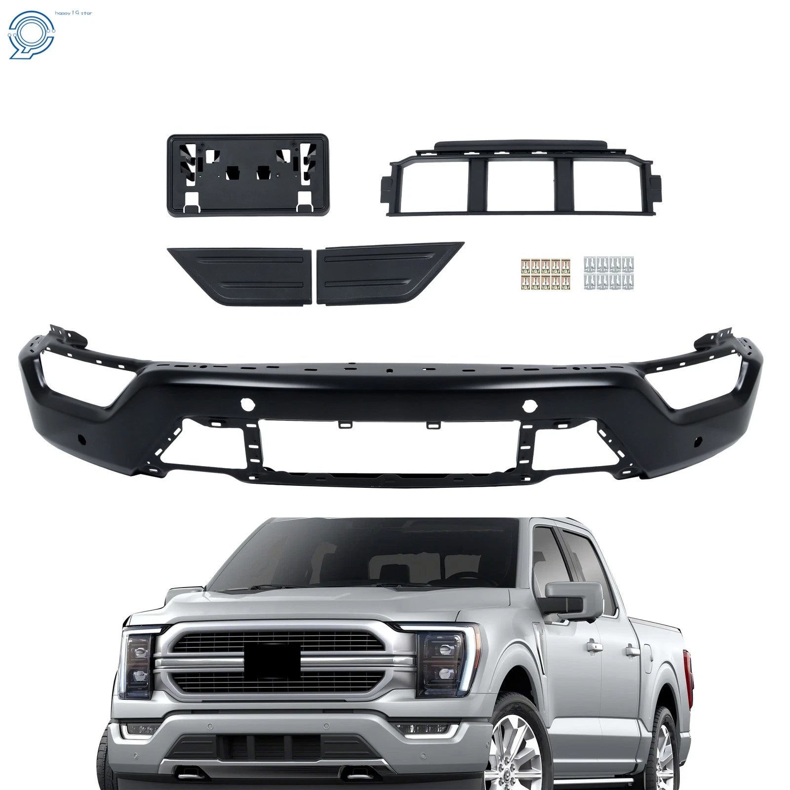 Front Bumper Face Bar 5PCS for Ford F150 (2021–2023) Steel Black w/ 6 Sensor Holes