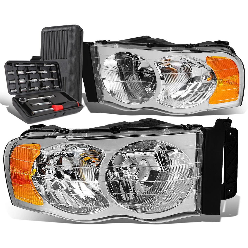 Pair of Chrome/Amber Signal Headlight Lamps for Dodge Ram Pickup (2002–2005)