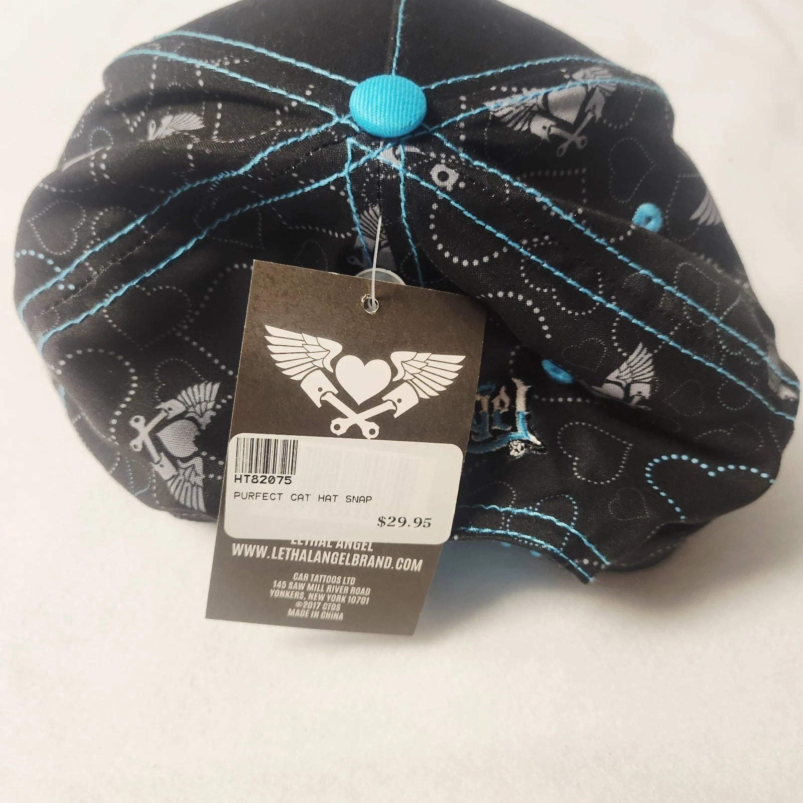 Motorcycle Helmet Cat Snapback Hat for Women - Black with Blue Stitching