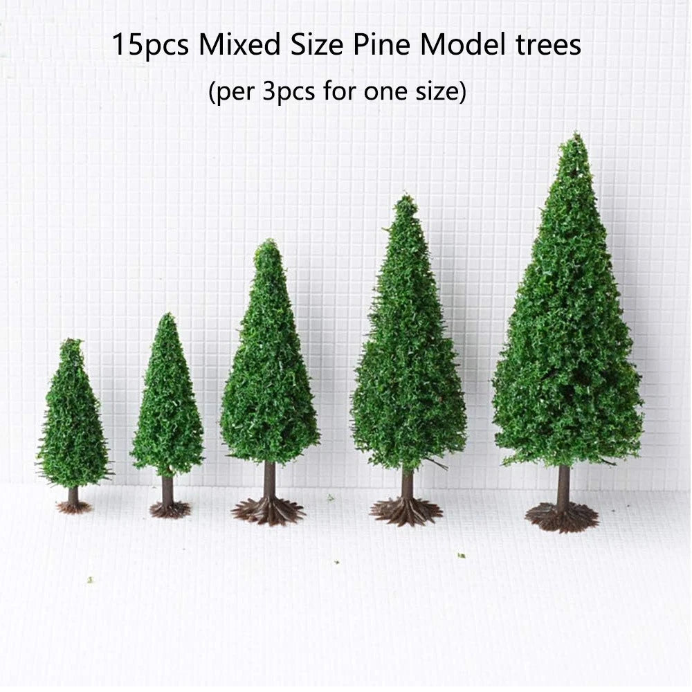 15Pcs Mixed Size Pine Trees for Train Railroad Diorama Scenery
