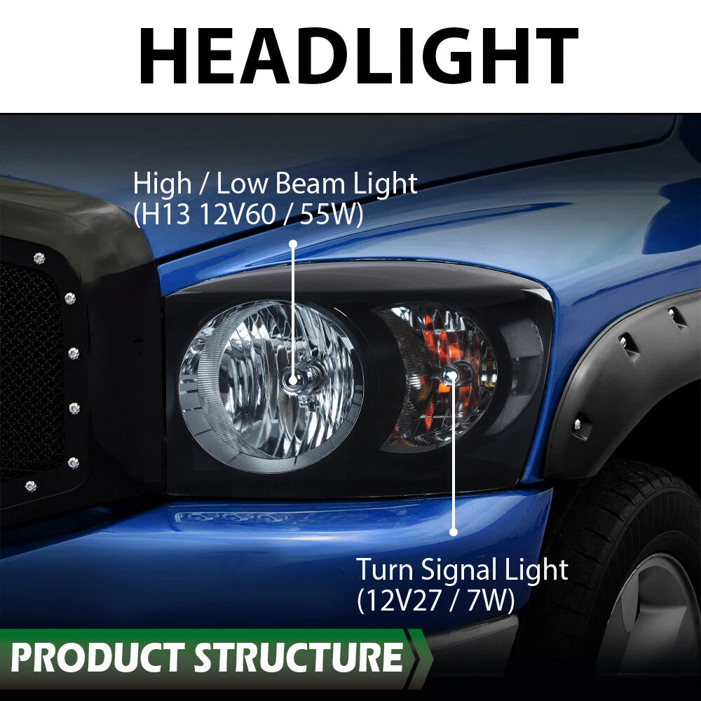 Smoke Black Headlights for Dodge Ram 1500 2500 3500 (2006–2009)
