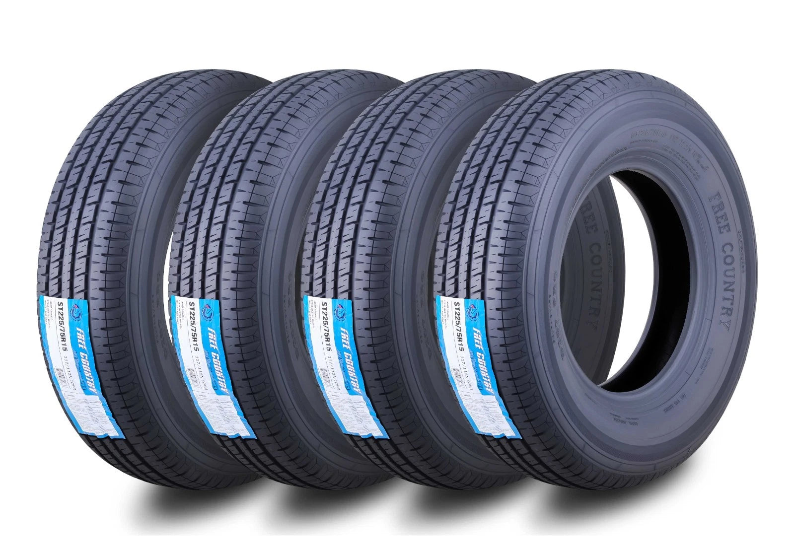 Set of 4 ST225/75R15 Free Country Trailer Tires 10PR w/Side Scuff Guard