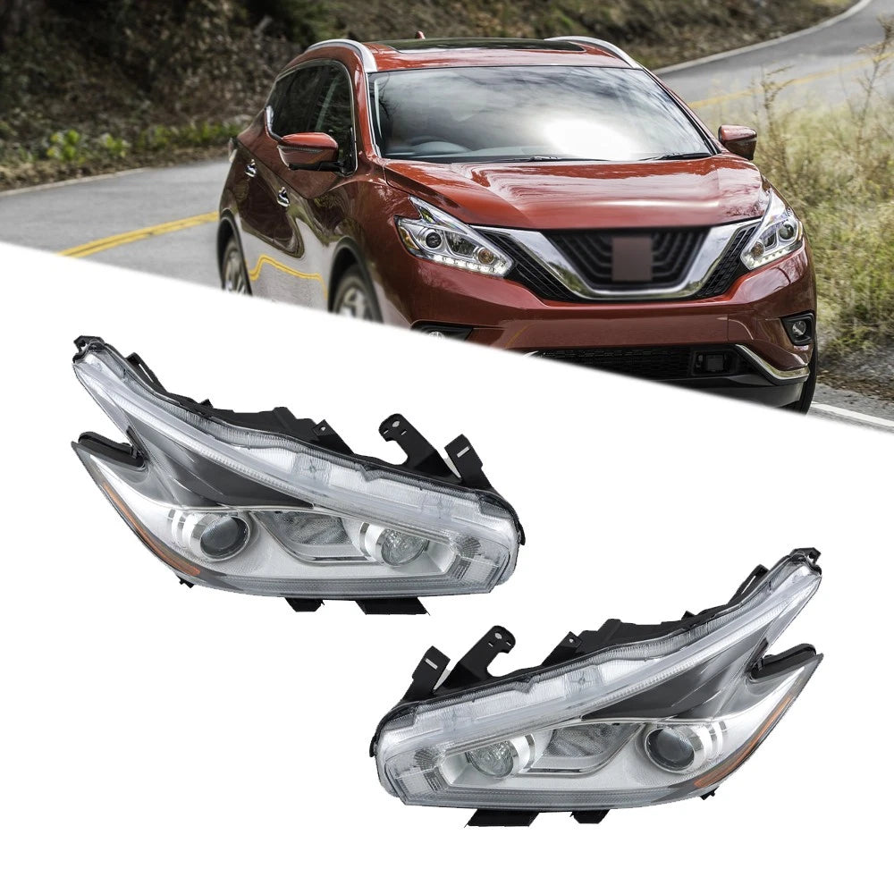 Set of 2 Chrome Headlights for Nissan Murano (2015–2018) Halogen w/LED DRL