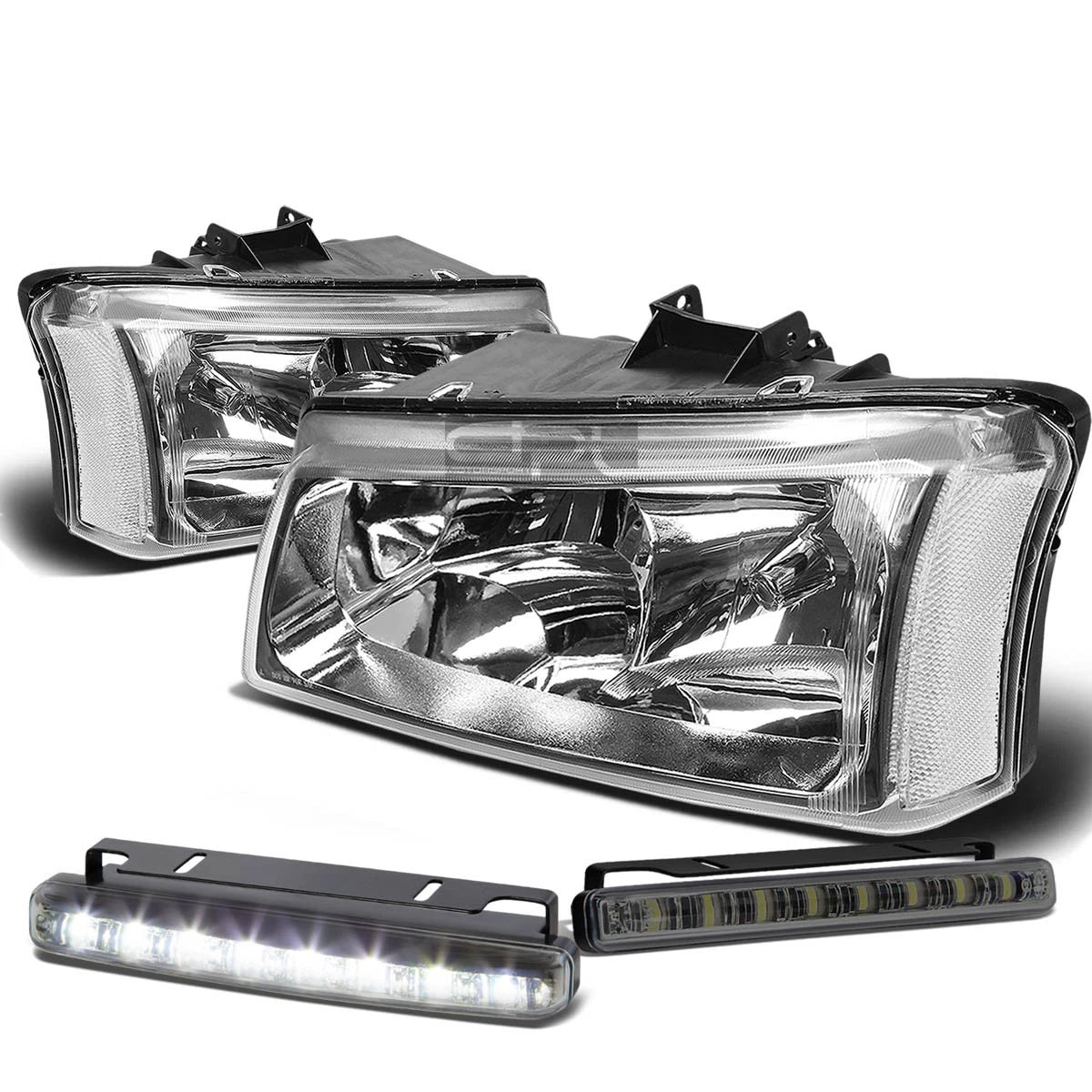 Chrome Crystal Lens Headlight + Clear Corner + LED Fog Light Set for Silverado (2003–2007)