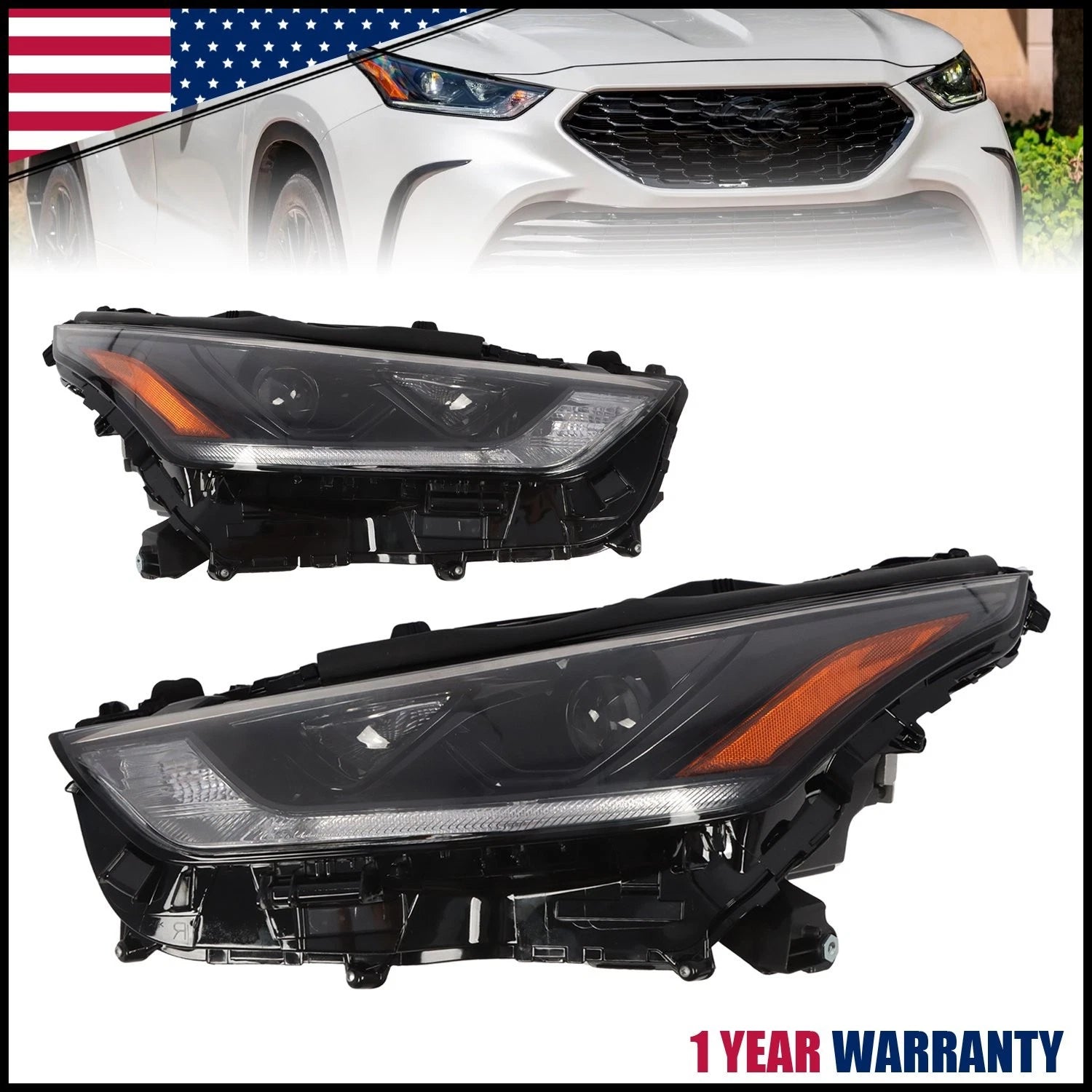 Pair LED Projector Headlights w/ LED DRL for Toyota Highlander (2020–2024)