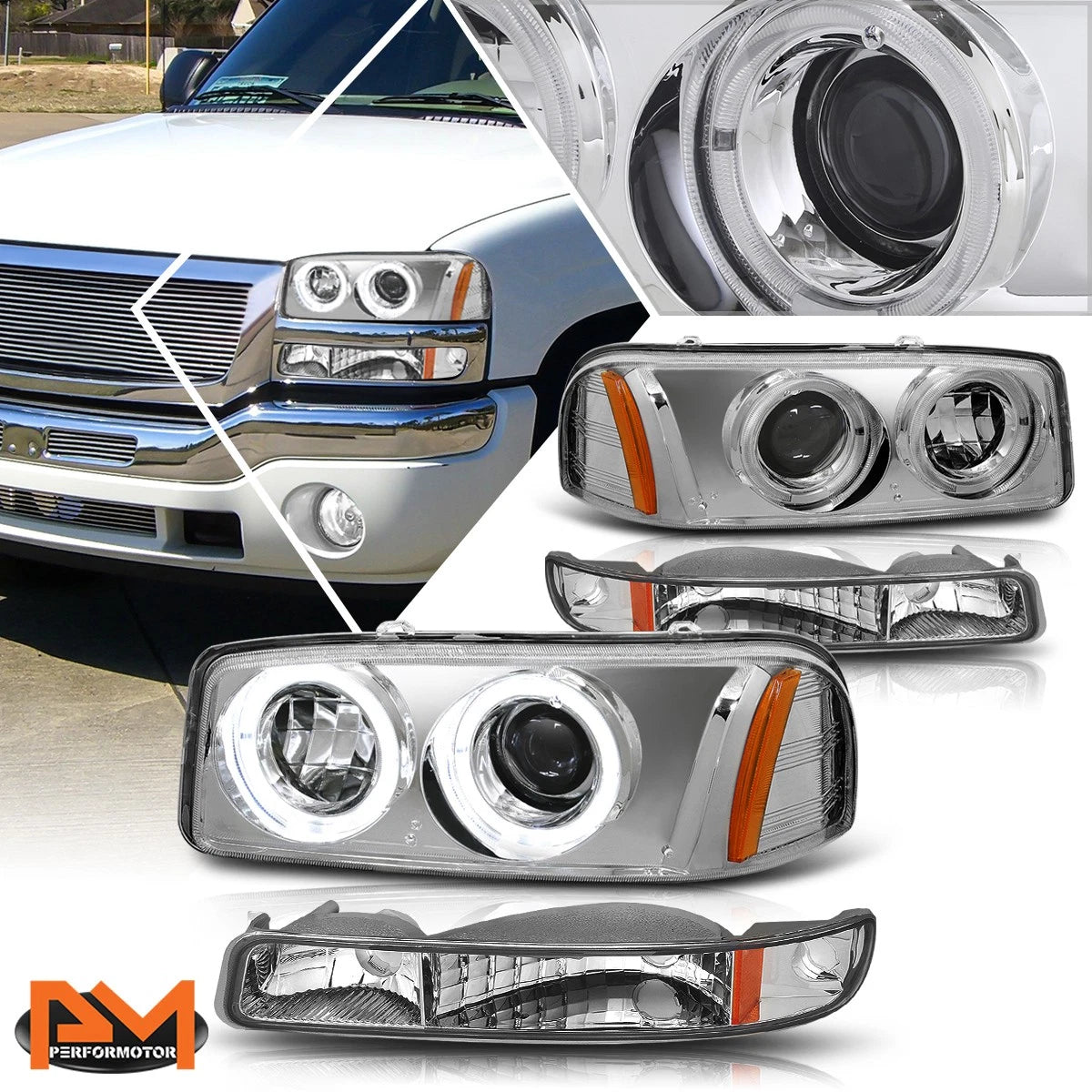 LED Halo Ring Projector Headlight for GMC Sierra/Yukon (1999–2007)