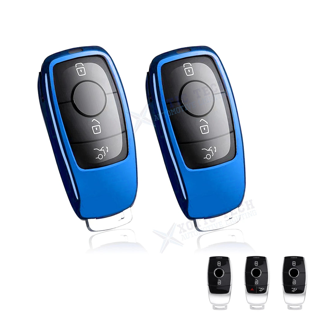 2x Blue TPU Key Fob Covers w/Button Cover for Mercedes (2017–2024)