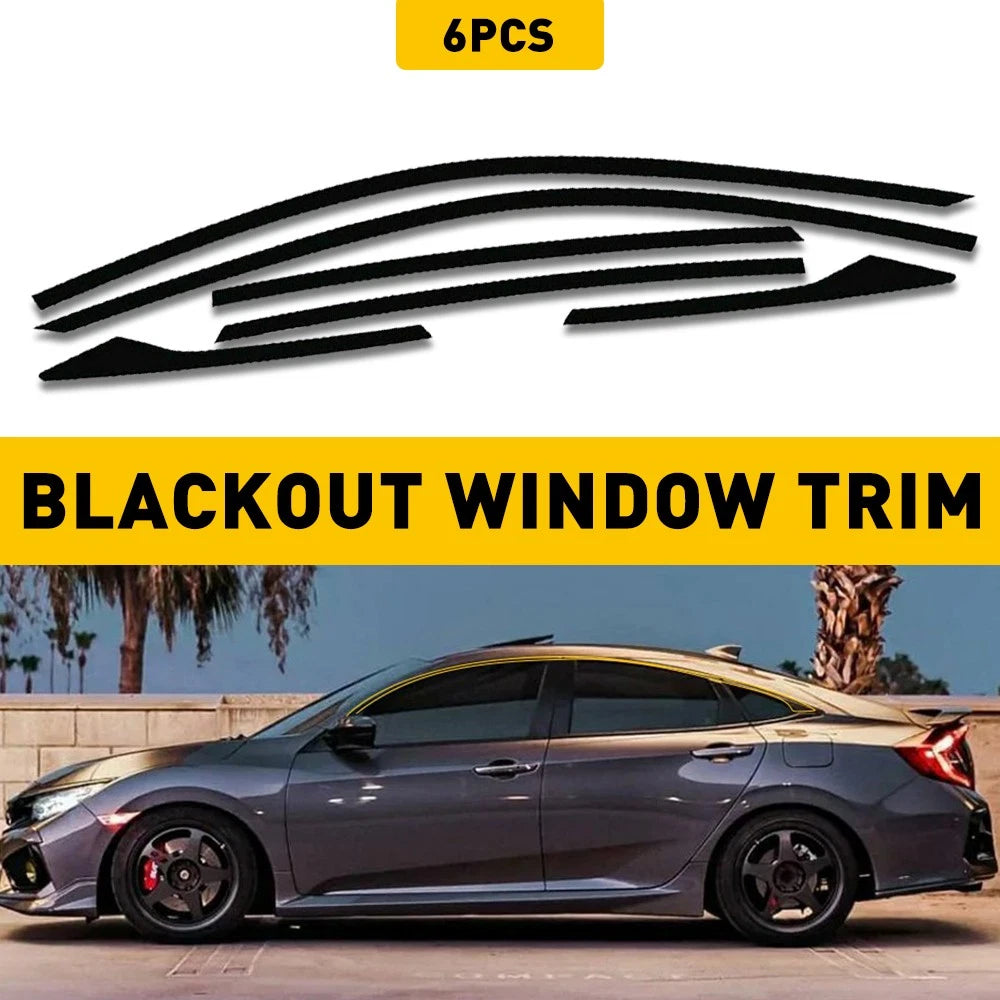 Set of 6 Black Chrome Delete Window Trim for Honda Civic (2016–2021)