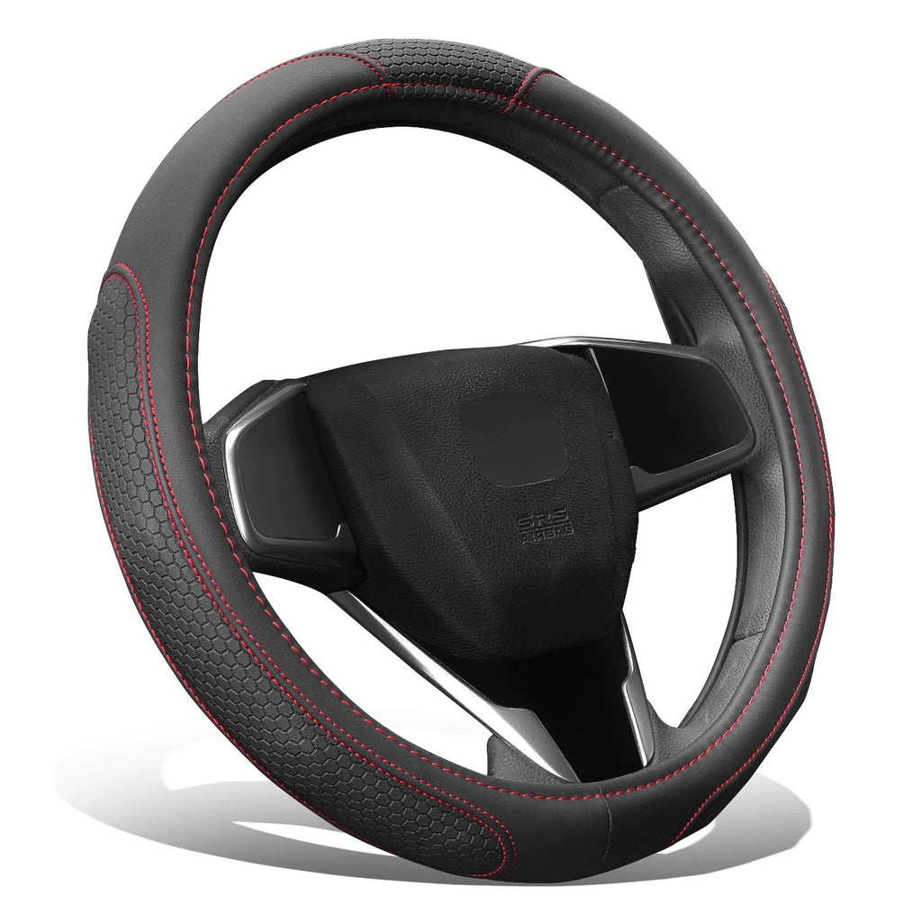 Steering Wheel Cover Black Hexagon Pattern Red 14.5" for Universal Fit