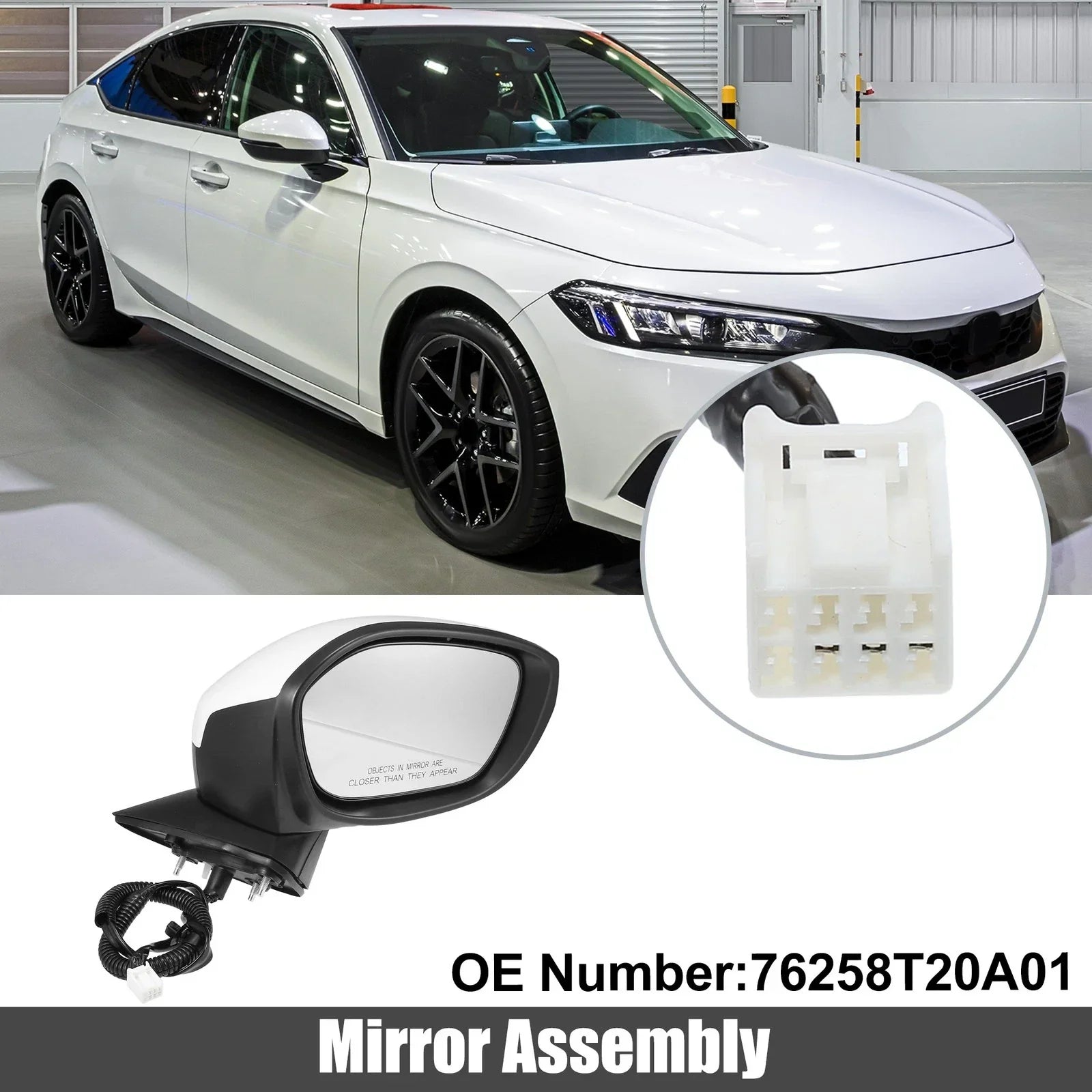 3 Pin Right Side Exterior Door Mirror Assembly White for Honda Civic (2022-2023)