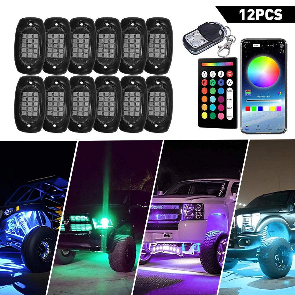 12x RGB LED Rock Light Kit for Universal Vehicles (Music App Control)